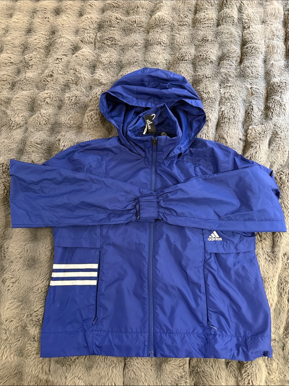 adidas Royal Blue Hooded Wind Breaker Jacket with White Stripes